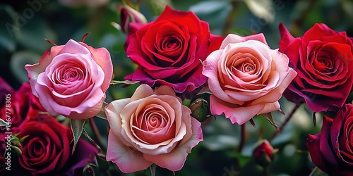 Obraz na płótnie Bouquet of red and pink roses with buds against green background. w salonie