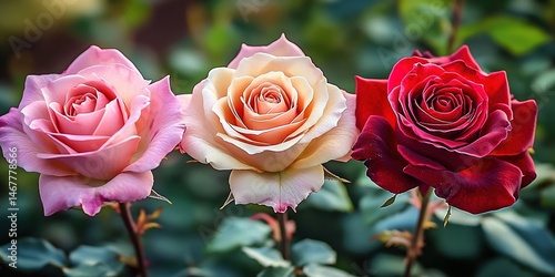 Bouquet of red and pink roses with buds against green background.