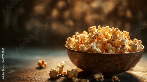 Rustic popcorn bowl in circular composition, macro close-up with warm tones and cinematic lighting on dark textured surface.