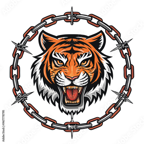 Design a streetwear-style graphic featuring a fierce tiger's face within a bold geometric frame.  The style should be edgy and contemporary.