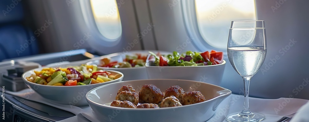 Airplane meal tray with meatballs, salad and water in cabin sunlight.