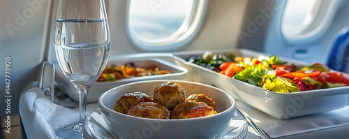 Obraz na płótnie Airplane meal tray with meatballs, salad and water in cabin sunlight. w salonie