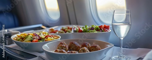 Obraz na płótnie Airplane meal tray with meatballs, salad and water in cabin sunlight. w salonie