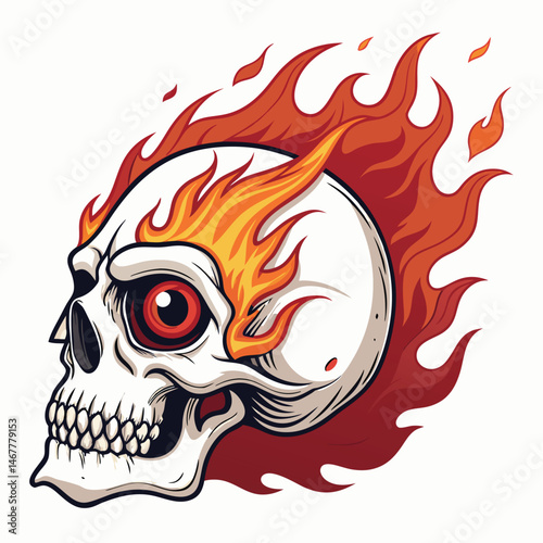 A demonic eye, fiery and intense, bursts from a fractured skull, engulfed in swirling flames; dark, ominous, fantasy art.