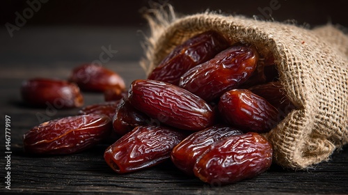 Selective focus shot of dried dates with natural shadows, rich colors, and warm tones on a dark wood background.