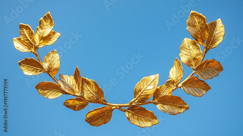 Shiny modern gold laurel wreath set against a bright blue sky, symbolizing triumph, excellence, and honor. A powerful image of achievement with classical roots and contemporary brilliance.

