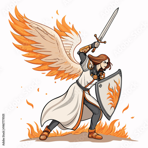 A majestic angel, engulfed in flames, rises from a pile of ashes, wielding a fiery sword.  Its wings are spread wide, showcasing intense power and divine retribution.
