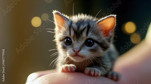 Cute kitten peacefully sleeping in a person's hand, showcasing its adorable features and vibrant fur colors