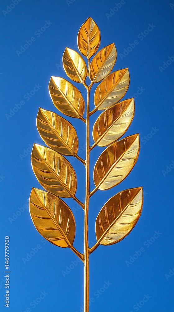 Shiny modern gold laurel wreath set against a bright blue sky, symbolizing triumph, excellence, and honor. A powerful image of achievement with classical roots and contemporary brilliance.