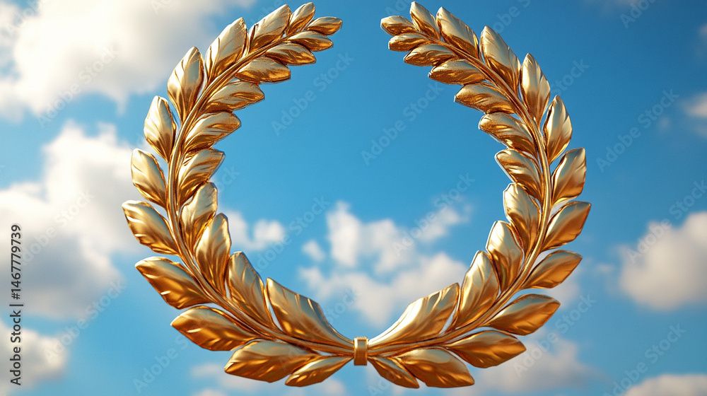 Shiny modern gold laurel wreath set against a bright blue sky, symbolizing triumph, excellence, and honor. A powerful image of achievement with classical roots and contemporary brilliance.