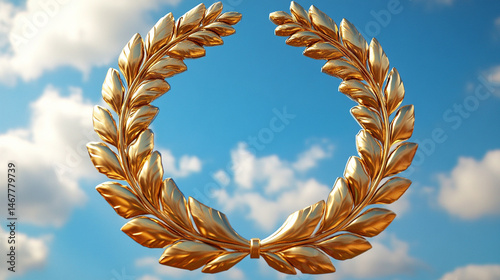 Obraz na płótnie Shiny modern gold laurel wreath set against a bright blue sky, symbolizing triumph, excellence, and honor. A powerful image of achievement with classical roots and contemporary brilliance.
w salonie