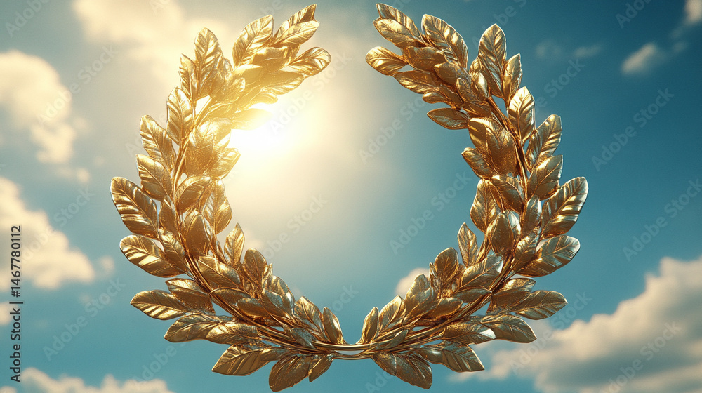 Shiny modern gold laurel wreath set against a bright blue sky, symbolizing triumph, excellence, and honor. A powerful image of achievement with classical roots and contemporary brilliance.