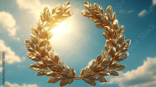 Obraz na płótnie Shiny modern gold laurel wreath set against a bright blue sky, symbolizing triumph, excellence, and honor. A powerful image of achievement with classical roots and contemporary brilliance.
w salonie
