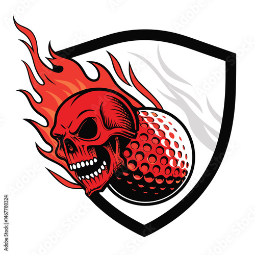 A fiery skull-adorned golf ball shattering a medieval shield, dramatic lighting, detailed textures, intense action.