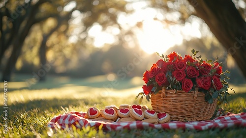 Romantic picnic with roses and cookies
