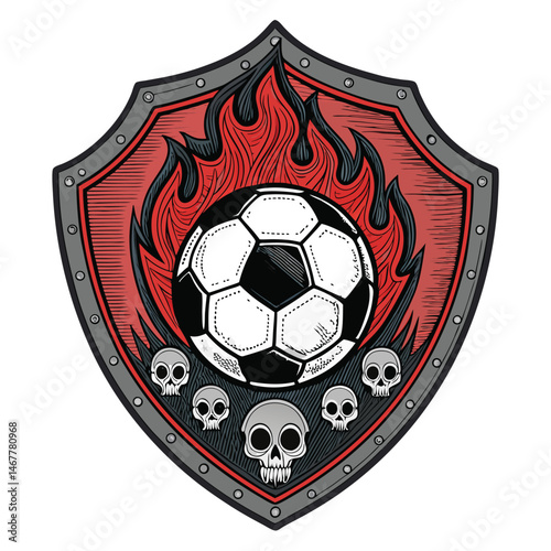 A flaming soccer ball engulfed in intense fire, fiercely burning within an ornate gothic shield, dark and menacing.