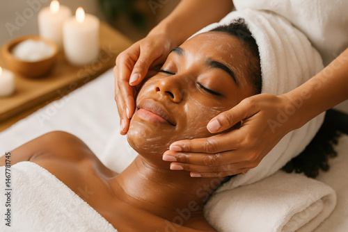 Black woman receives facial massage treatment in spa. Masseuse hands apply skincare product to the client face. Wellness, skincare, beauty, relax and health concept