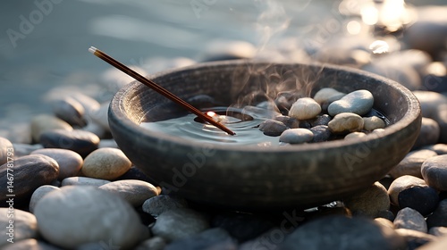 Smooth pebbles and a burning incense stick beside a tranquil water bowl, meditative spa ambiance.