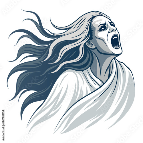 A spectral banshee, hair flowing wildly, screams with a tortured expression, levitating against a dark, stormy sky.  Render in high detail, emphasizing ethereal textures and dramatic lighting.