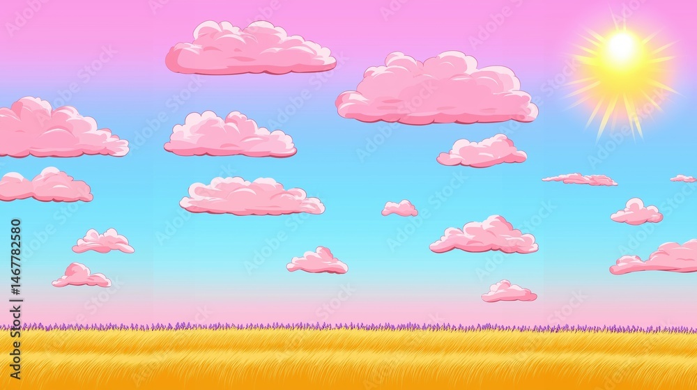 Obraz premium Cartoon landscape with swirling pink clouds, a golden field of wheat and a lavender horizon at sunset