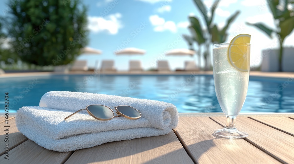 Obraz premium Summer Poolside Relaxation: Towel, Sunglasses, and Refreshing Drink