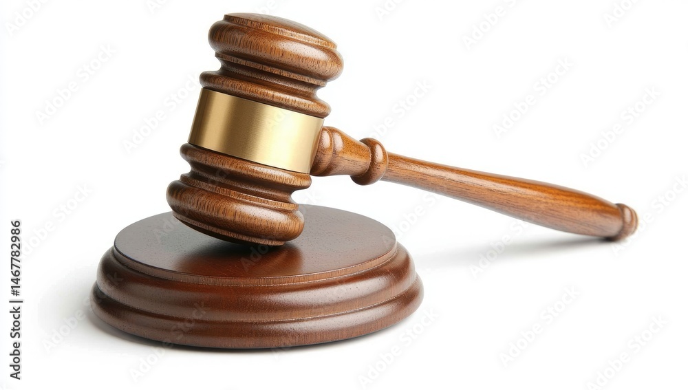Wooden gavel resting on stand, signifying justice Wooden gavel resting on stand, signifying justice