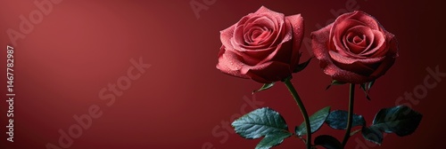 Two stunning red roses adorned with dew drops stand elegantly against a rich maroon background, perfect for expressing love and beauty in any context.