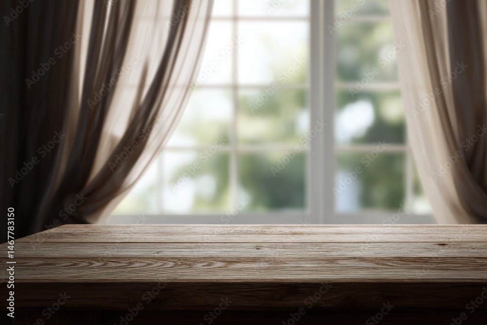 Wooden surface near sheer curtains and a bright window. Wooden surface near sheer curtains and a bright window.