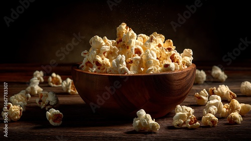 Studio shot of gourmet popcorn in wooden bowl, scattered pieces around, deep shadows, high contrast, appetizing detail.