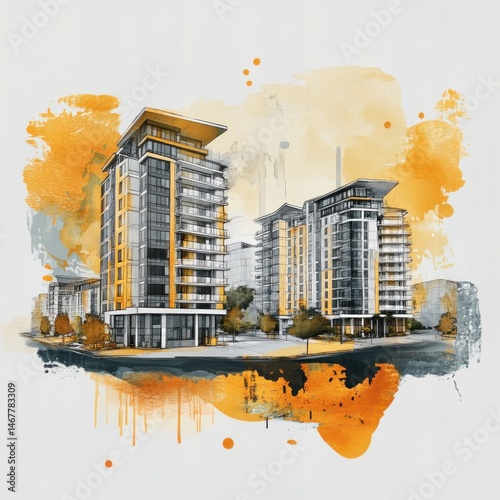 Modern apartment buildings in a city, depicted in a watercolor style