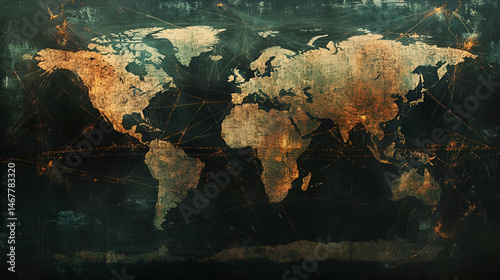 Vintage Grunge World Map with Dark Background