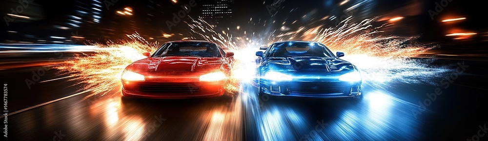 Naklejka premium Red and blue sports cars racing at night with light trails on a road.