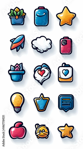 A collection of colorful cartoon icons depicting various themes, including travel, technology, nature, and love