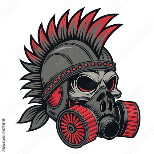 A skull wearing a gas mask, spiked helmet, and mohawk; detailed, dark, gritty, cyberpunk aesthetic.  Digital painting, 8k resolution.