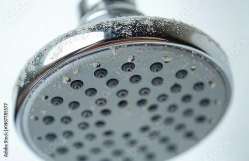Close-up silver shower head covered in limescale deposits against white background. Calcium buildup, mineral scale, incrustation causes problems. Damaged equipment requires cleaning or repair.