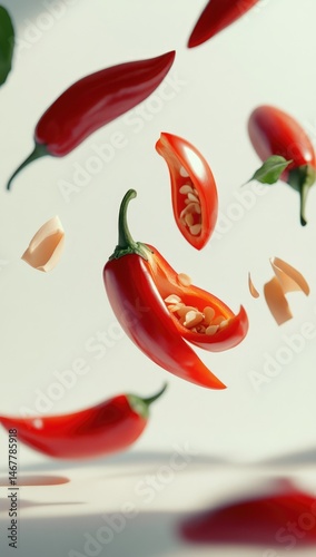 Red chili peppers and garlic cloves levitate against a bright backdrop