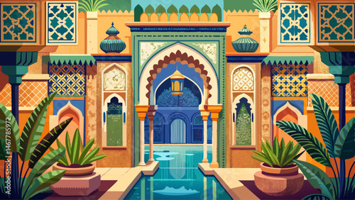 Architectural details and mosaics in Dar El Bacha palace, Marrakesh, Morocco