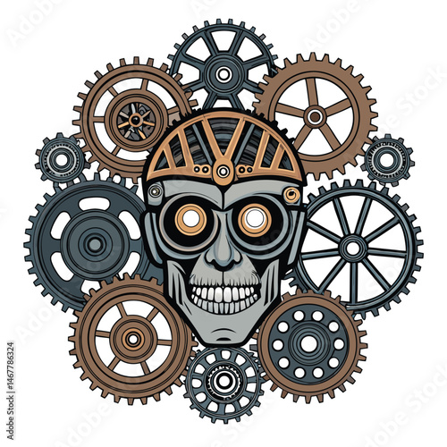 Steampunk-style portrait a face meticulously crafted from interlocking gears, cogs, and clockwork components, conveying mechanical expression.