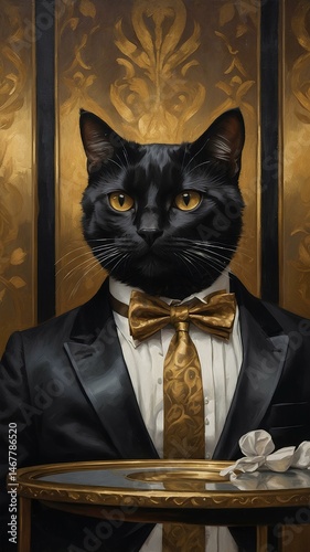 Generative AI – Black Cat in 1920s Gatsby Tuxedo Oil Painting