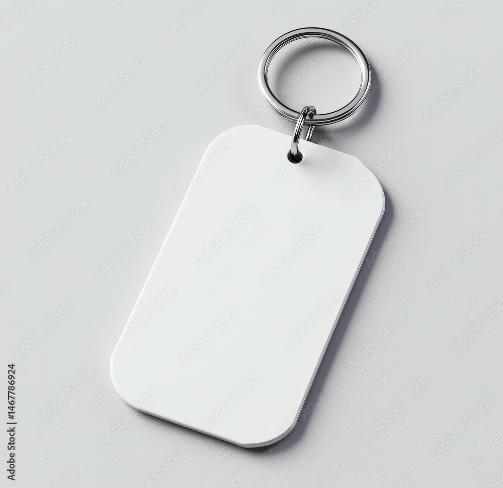 Fototapeta premium Blank white rectangular keychain with silver ring (1)