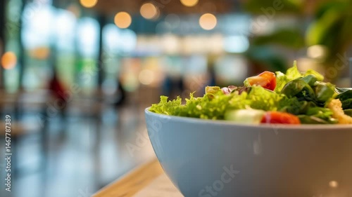 Fresh salad in a white bowl with lettuce, tomato and cucumber on a table in a modern cafeteria
