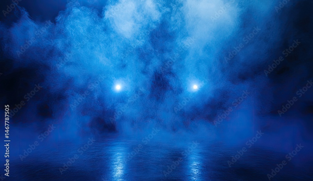 Fototapeta premium A dramatic, smoky, blue stage. Two bright spotlights illuminate the scene, reflecting on a smooth dark floor