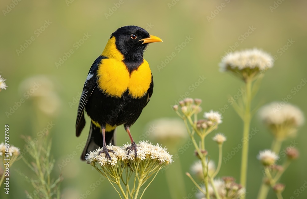 Fototapeta premium Bright male bobolink bird perched on white flower weed. Black, yellow feathers, orange beak, against blurred green background. Wild avian bird in natural habitat. Wildlife photography.
