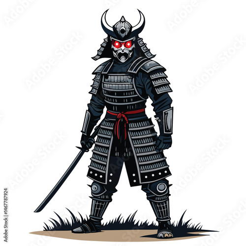 A spectral samurai, eyes blazing with ethereal flames, clad in tattered, ghostly armor, wielding a katana.  Render in dark, dramatic lighting.