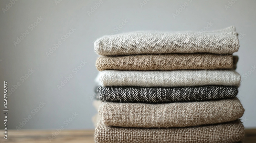 Stack of soft, neutral-toned organic cotton clothing folded neatly. Symbolizes sustainability, comfort, simplicity, and mindful living in eco-conscious modern fashion and minimal lifestyle.