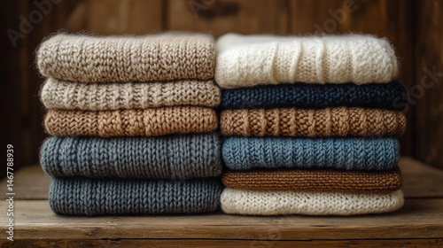 Stack of soft, neutral-toned organic cotton clothing folded neatly. Symbolizes sustainability, comfort, simplicity, and mindful living in eco-conscious modern fashion and minimal lifestyle.

