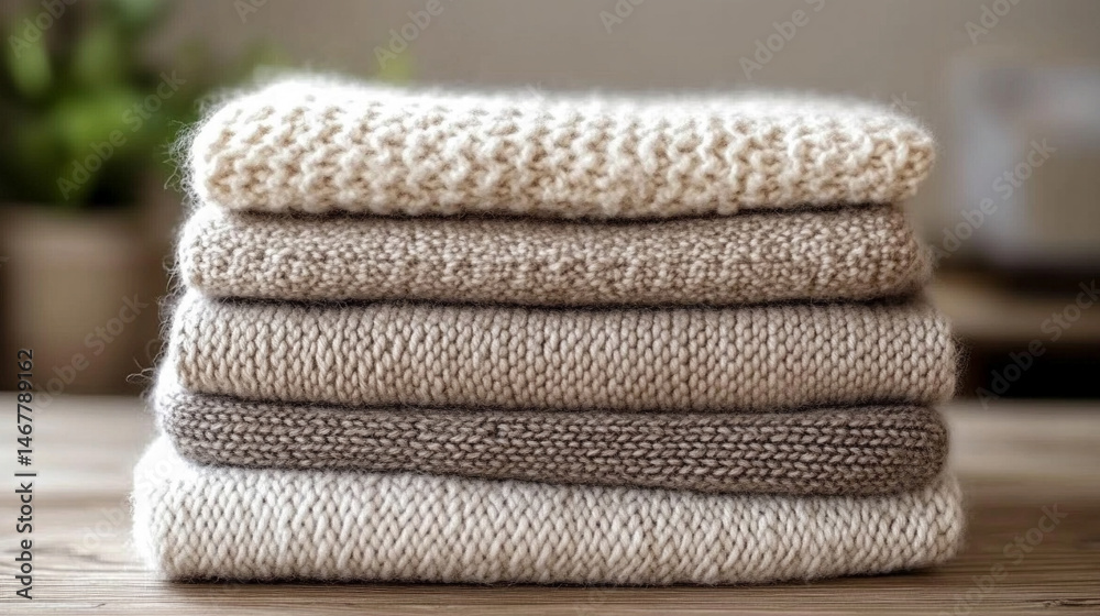Stack of soft, neutral-toned organic cotton clothing folded neatly. Symbolizes sustainability, comfort, simplicity, and mindful living in eco-conscious modern fashion and minimal lifestyle.