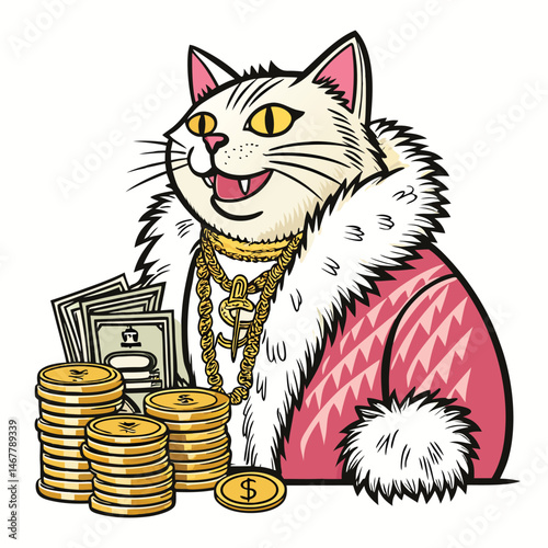 A stylish, urban cat, sporting a luxurious fur coat and dazzling gold grillz, embodying glamorous street style.
