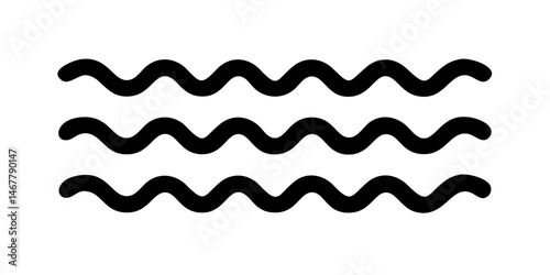 Three Simple Black Wave Lines on White Background.A minimalist design featuring three horizontal rows of stylized, black wave patterns on a plain white background.