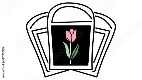 Illustration of a pink tulip flower inside a black frame with decorative white borders around it created with generated ai